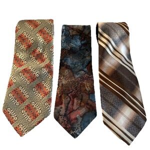 3 VTG Wemlon Wembley Mens Neck Tie Brown Stripes Groovy Swirl 70s Retro Geo 4"
